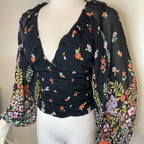 Free People Black Floral Blouse Smocked V Neck NWT - Picture 8 of 9